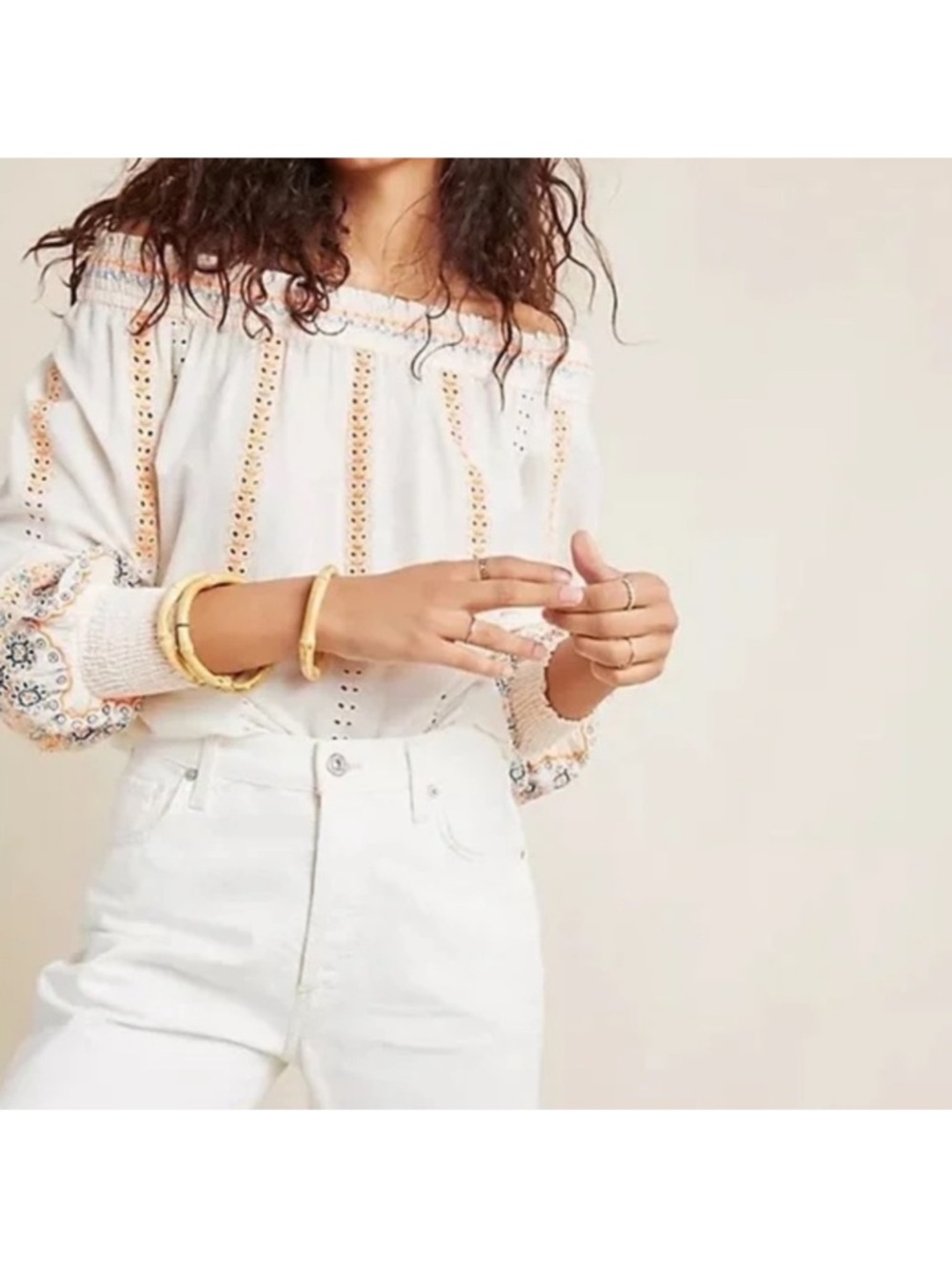 White Off-Shoulder Embroidered Peasant Blouse